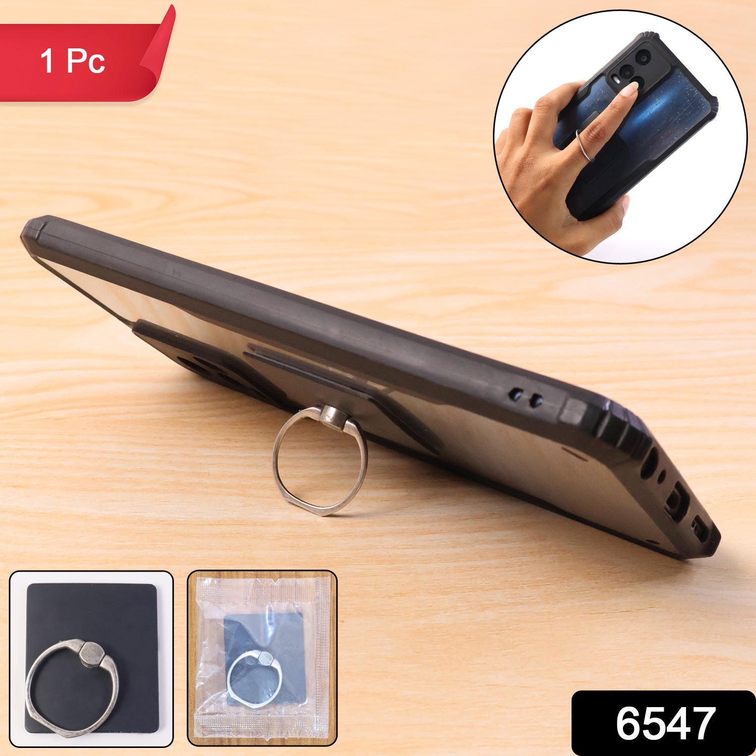 Black smartphone propped up on a wooden surface with a silver ring holder, with insets showing the product and its packaging.