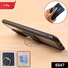 Black smartphone propped up on a wooden surface with a silver ring holder, with insets showing the product and its packaging.