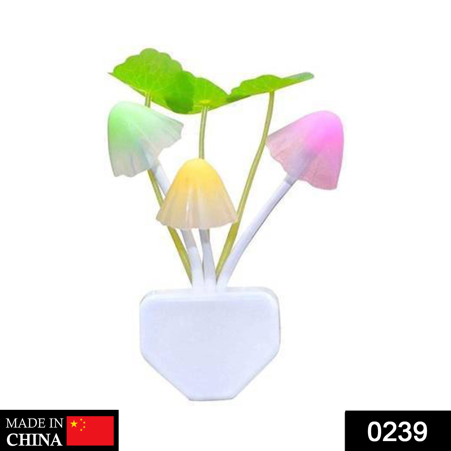 A mushroom night light with green, yellow, and pink caps and green leaves is shown on a white background with a "Made in