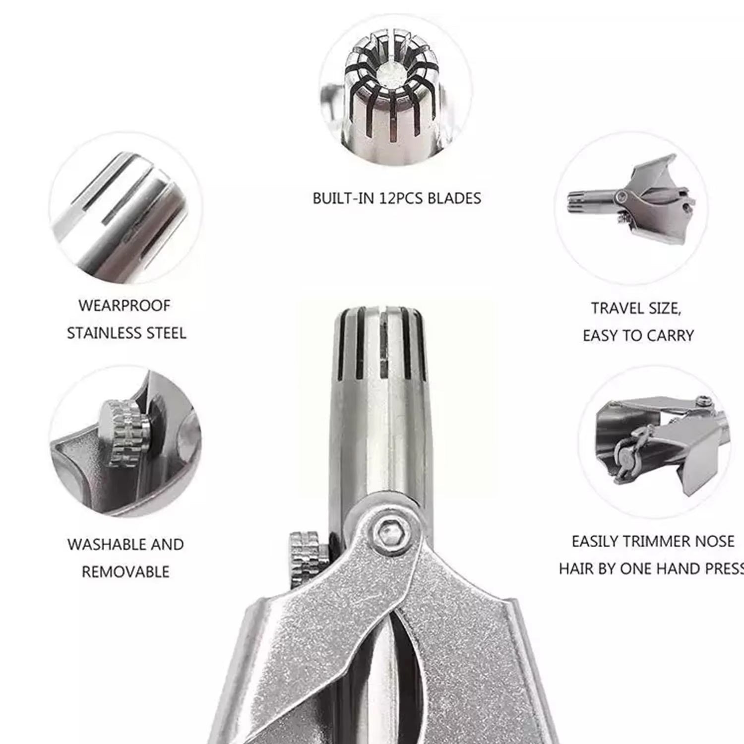 Detailed views of the silver manual nose hair trimmer highlighting its 12 blades, stainless steel, and washable features.