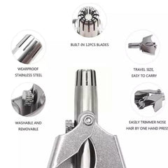 Detailed views of the silver manual nose hair trimmer highlighting its 12 blades, stainless steel, and washable features.