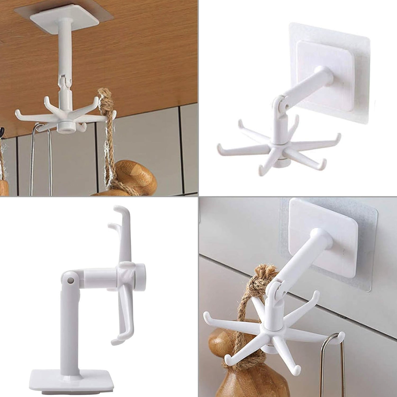 A four-panel collage shows the white rotating hook in various configurations and uses, including hanging from a cabinet and