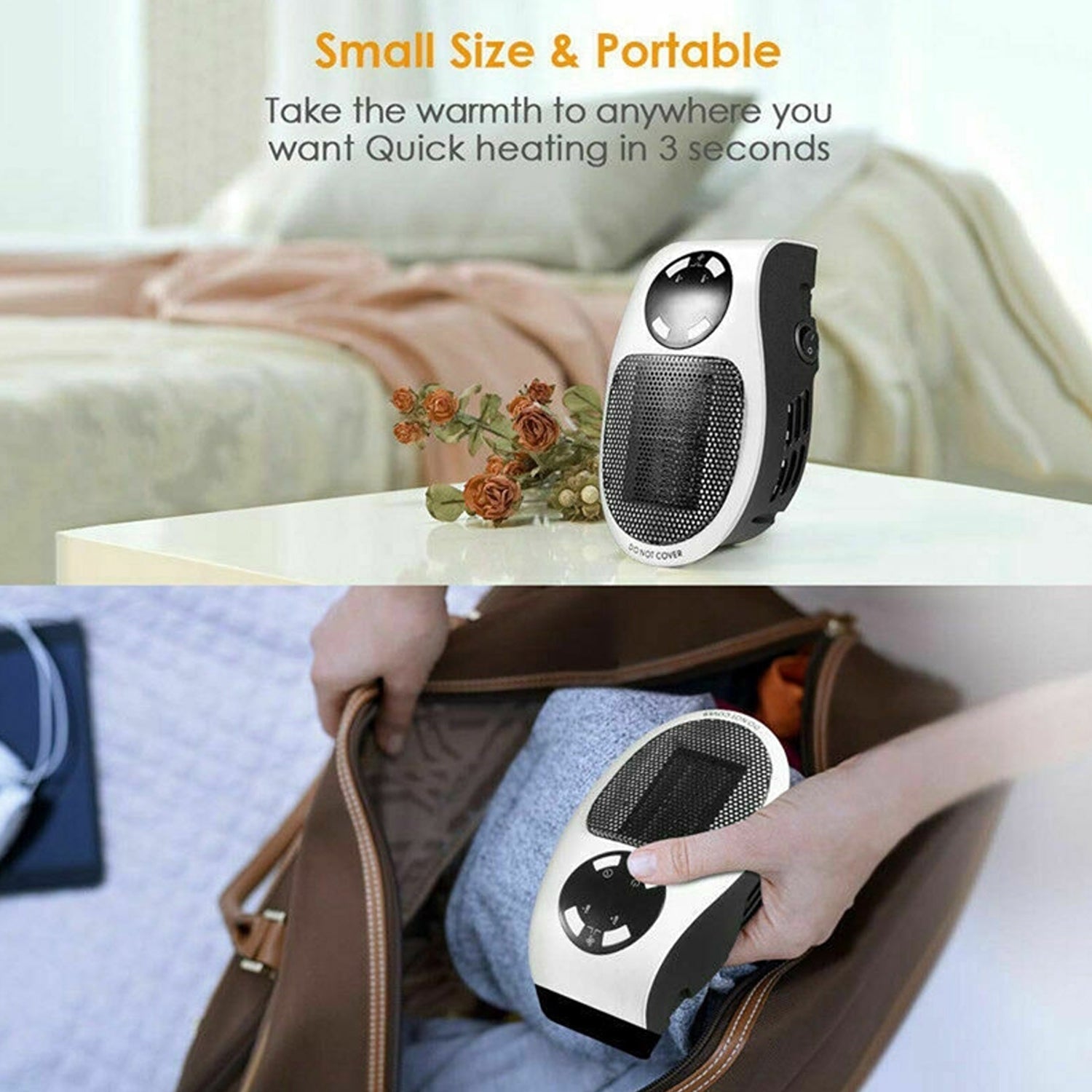 White and black wall heater on a table, with text indicating it is small, portable, and heats quickly.