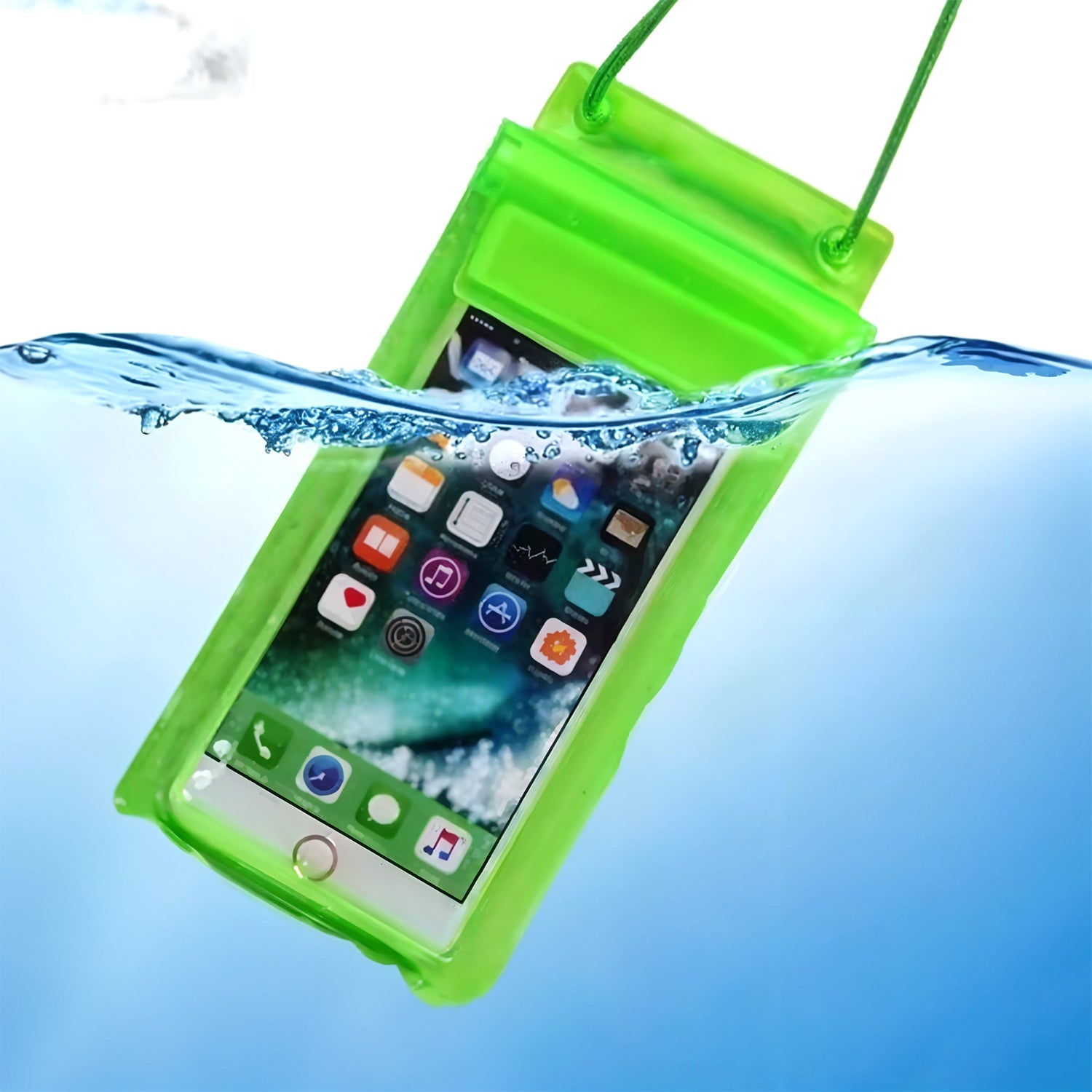 Neon green waterproof phone pouch with a phone inside, partially submerged in blue water.