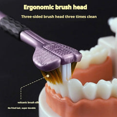 Close-up of a purple three-sided toothbrush demonstrating cleaning on a dental model with text overlays.