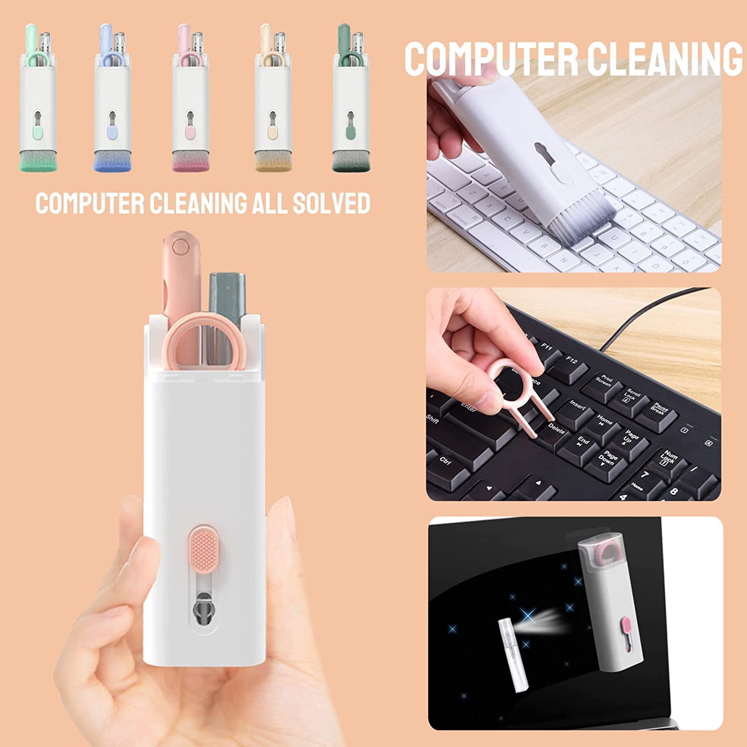 A hand holding a white and pink cleaning kit, with various colored kits and computer cleaning demonstrations.