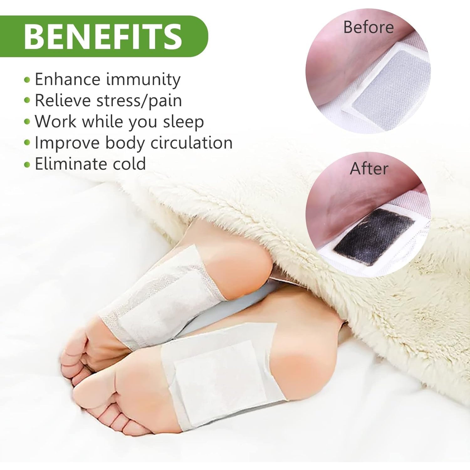 Two feet with white detox pads applied, resting on a white blanket, with before and after inserts.
