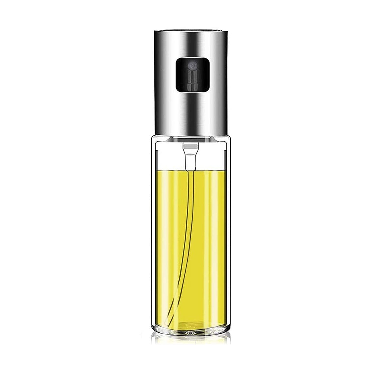 A clear glass and silver oil sprayer dispenser filled with yellow oil, centered on a white background.