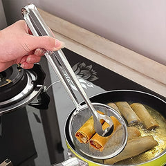 2-in-1 Stainless Steel Frying Filter Spoon with Clip for kitchen use.