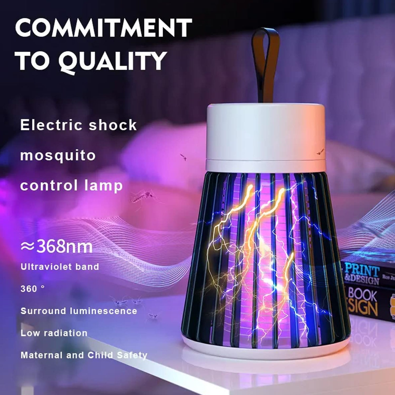 A black and white Mosquito Killer Lamp with purple light and electric arcs sits on a white surface with text about quality