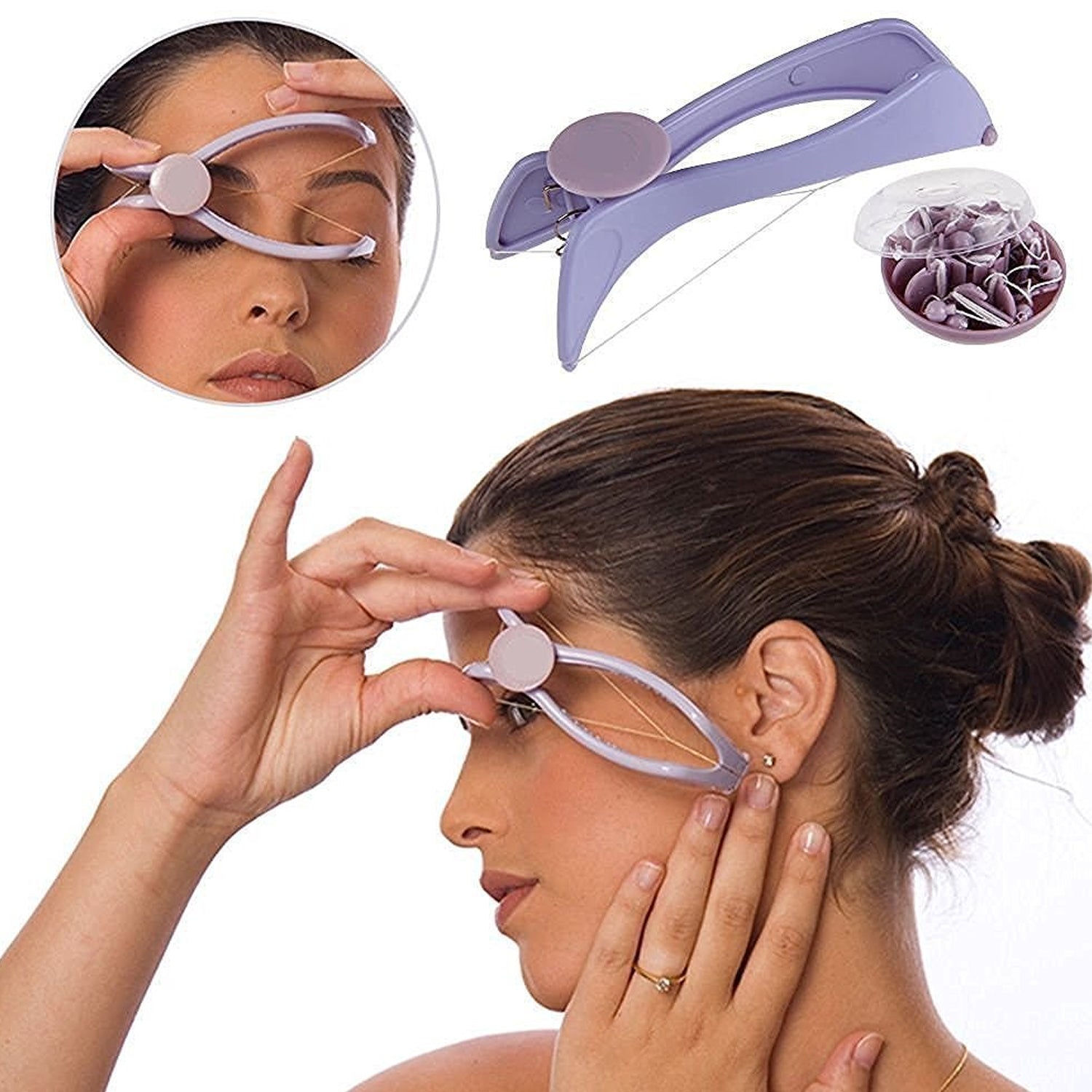 A woman using a purple hair threading tool on her eyebrow, with the tool and threads visible in the corner.