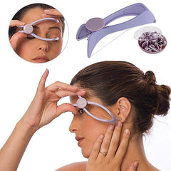 A woman using a purple hair threading tool on her eyebrow, with the tool and threads visible in the corner.