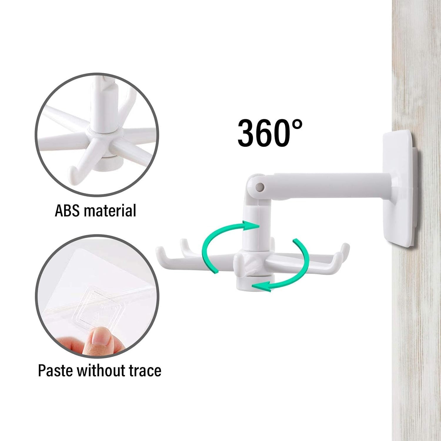 A white rotating hook is mounted on a wall, with insets highlighting its ABS material and trace-free adhesive, and arrows