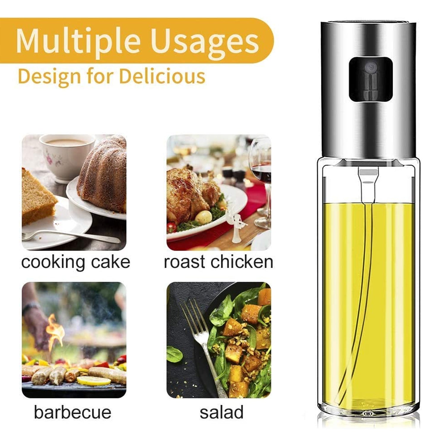 A glass and silver oil sprayer next to four small images showing its use for cake, chicken, barbecue, and salad.