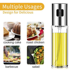 A glass and silver oil sprayer next to four small images showing its use for cake, chicken, barbecue, and salad.