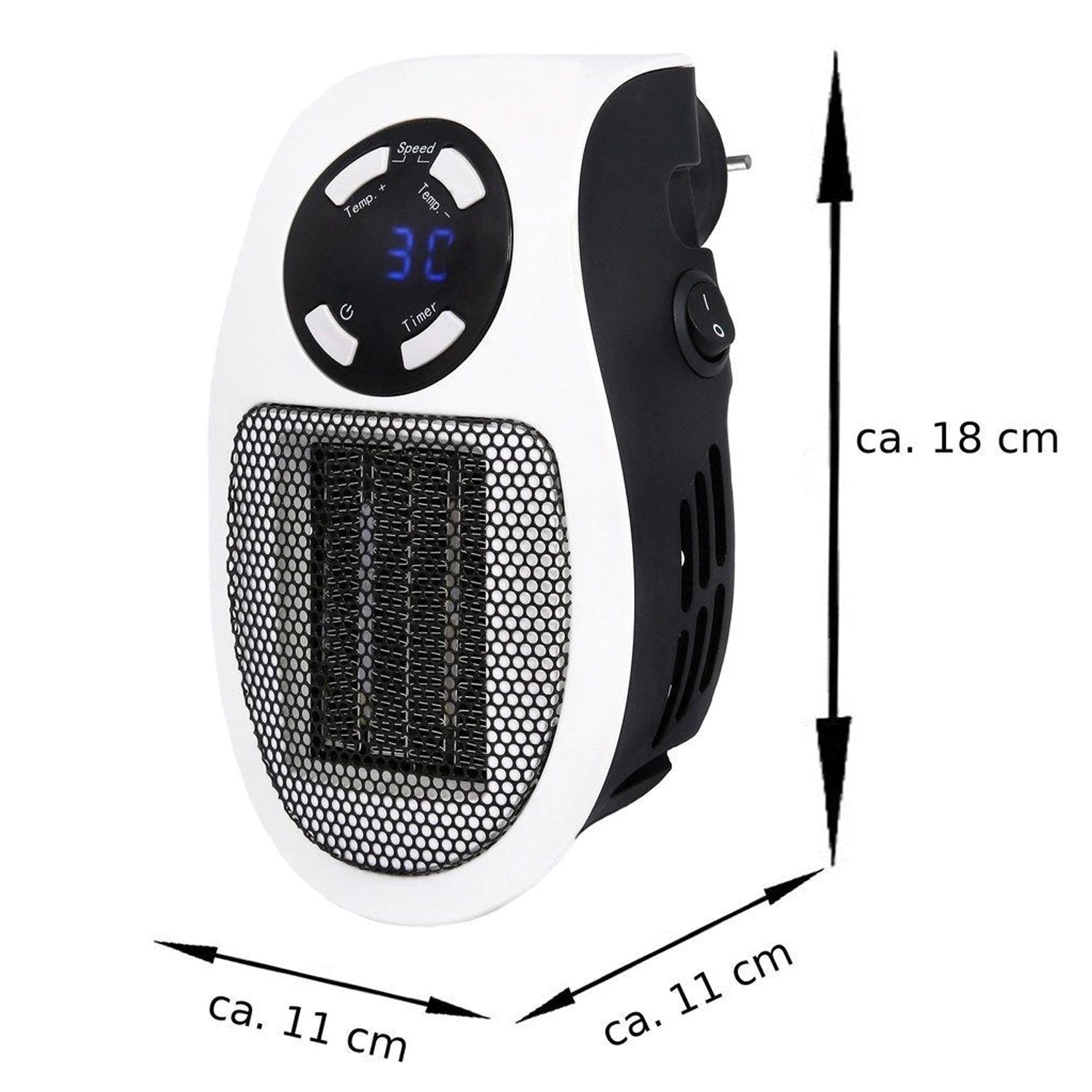 White and black wall heater with dimensions of approximately 18 cm height and 11 cm width/depth.