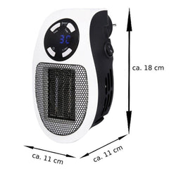 White and black wall heater with dimensions of approximately 18 cm height and 11 cm width/depth.