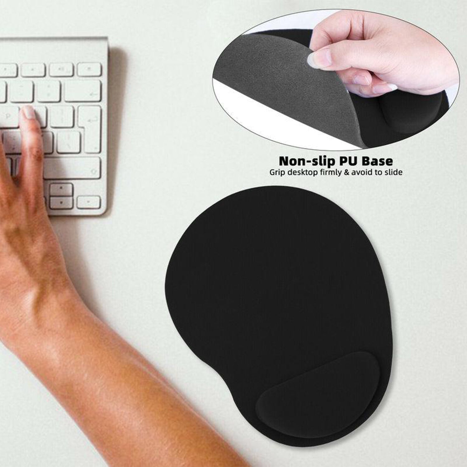 A hand typing on a keyboard next to the black mouse pad, with an inset showing its non-slip PU base.