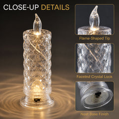 Close-up details of the clear faceted crystal LED candle light, showing its flame-shaped tip and base.