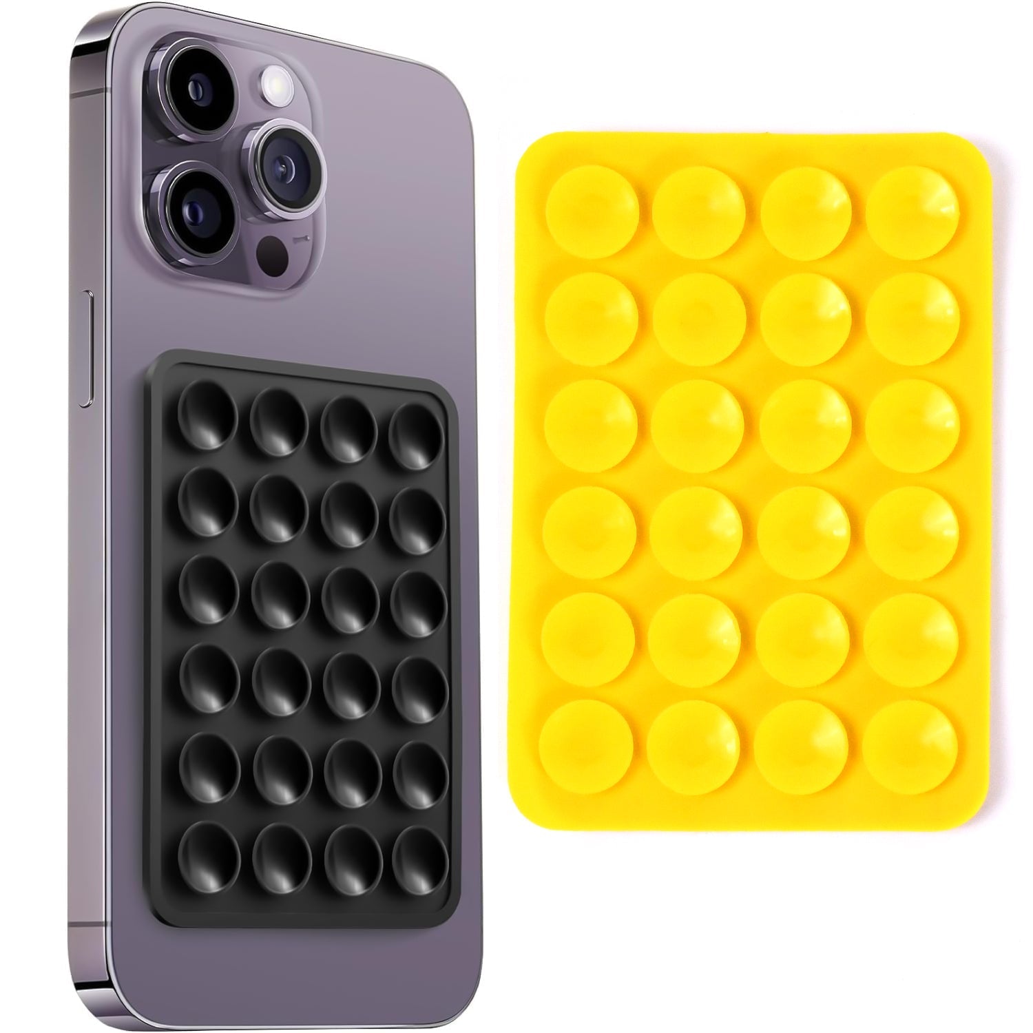 A grey phone with a black silicone suction holder and a separate yellow silicone suction holder.