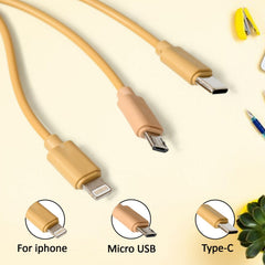 Close-up view of the versatile 3-in-1 charging cable's USB-C, Micro-USB, and Lightning tips.