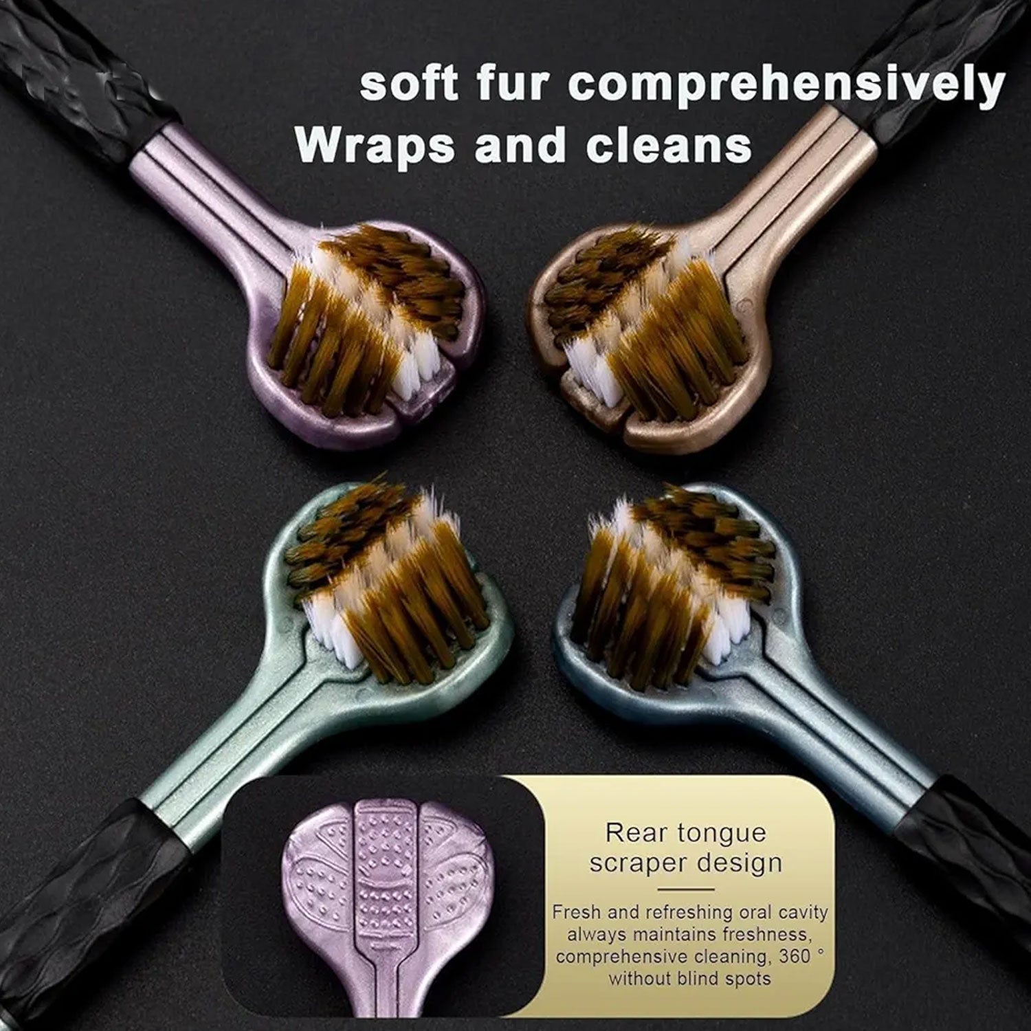 Four three-sided toothbrush heads in purple, beige, mint, and blue, with an inset of the purple brush head's tongue scraper.