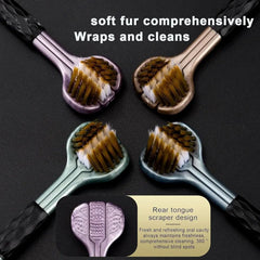 Four three-sided toothbrush heads in purple, beige, mint, and blue, with an inset of the purple brush head's tongue scraper.