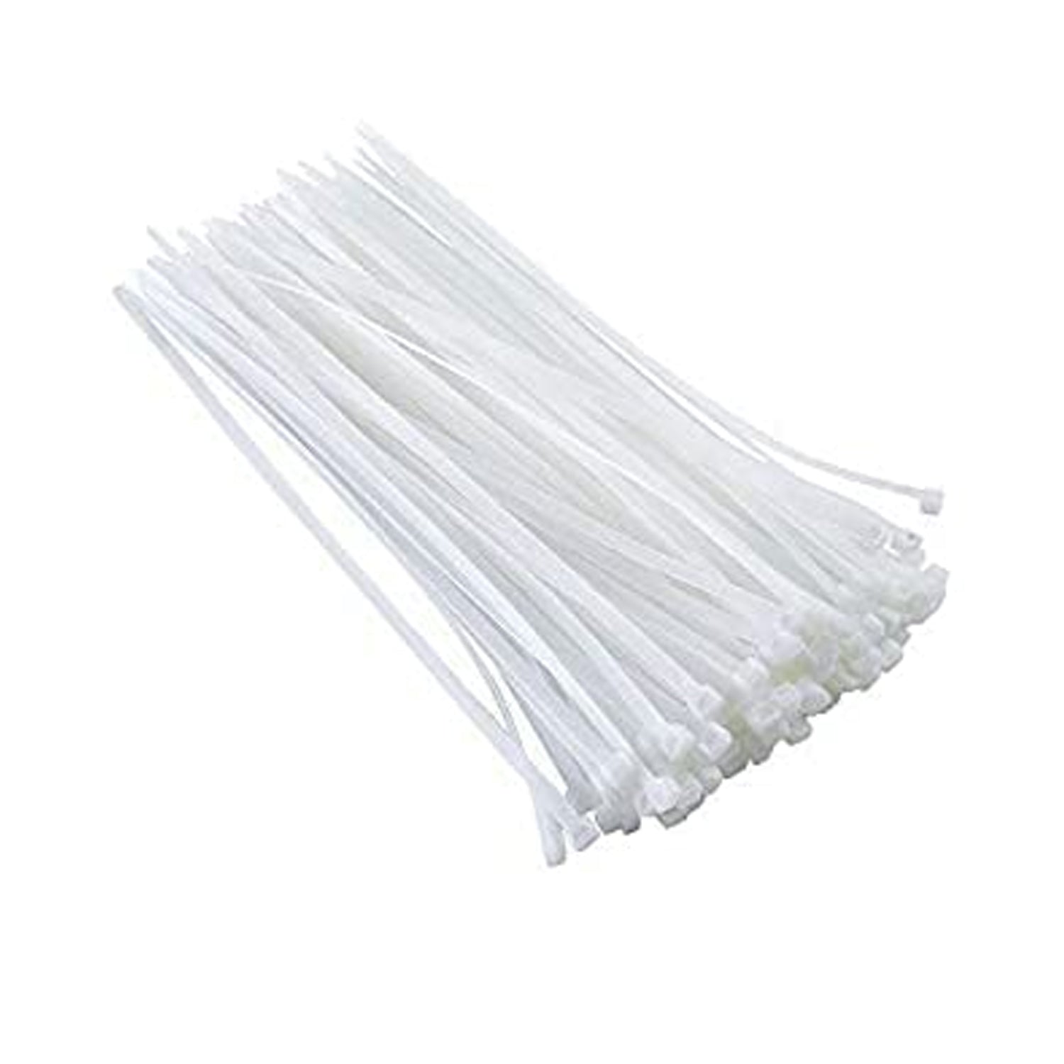 A large, scattered pile of white nylon cable ties with their ends fanned out on a white background.