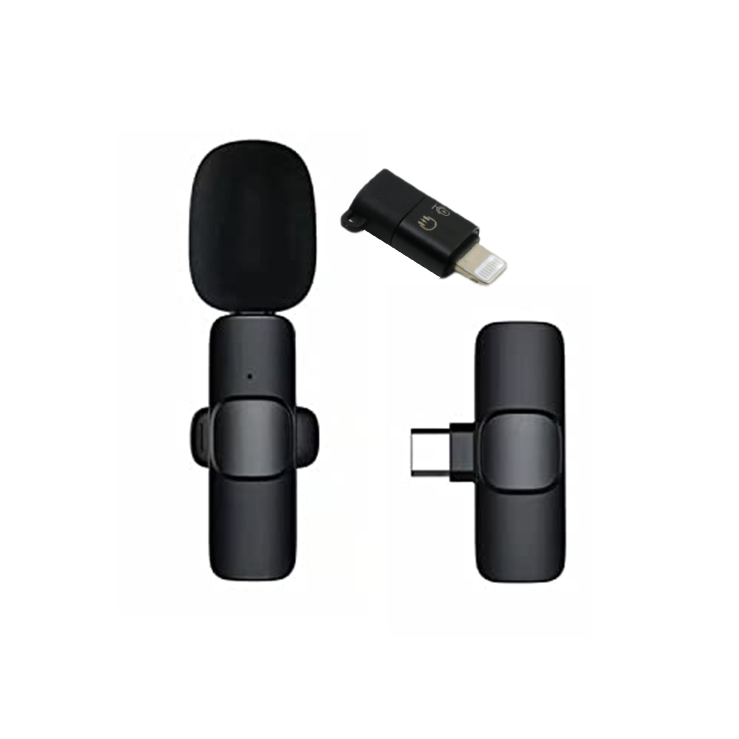 Wireless microphone showing compatibility with both Type-C Android and iPhone devices.
