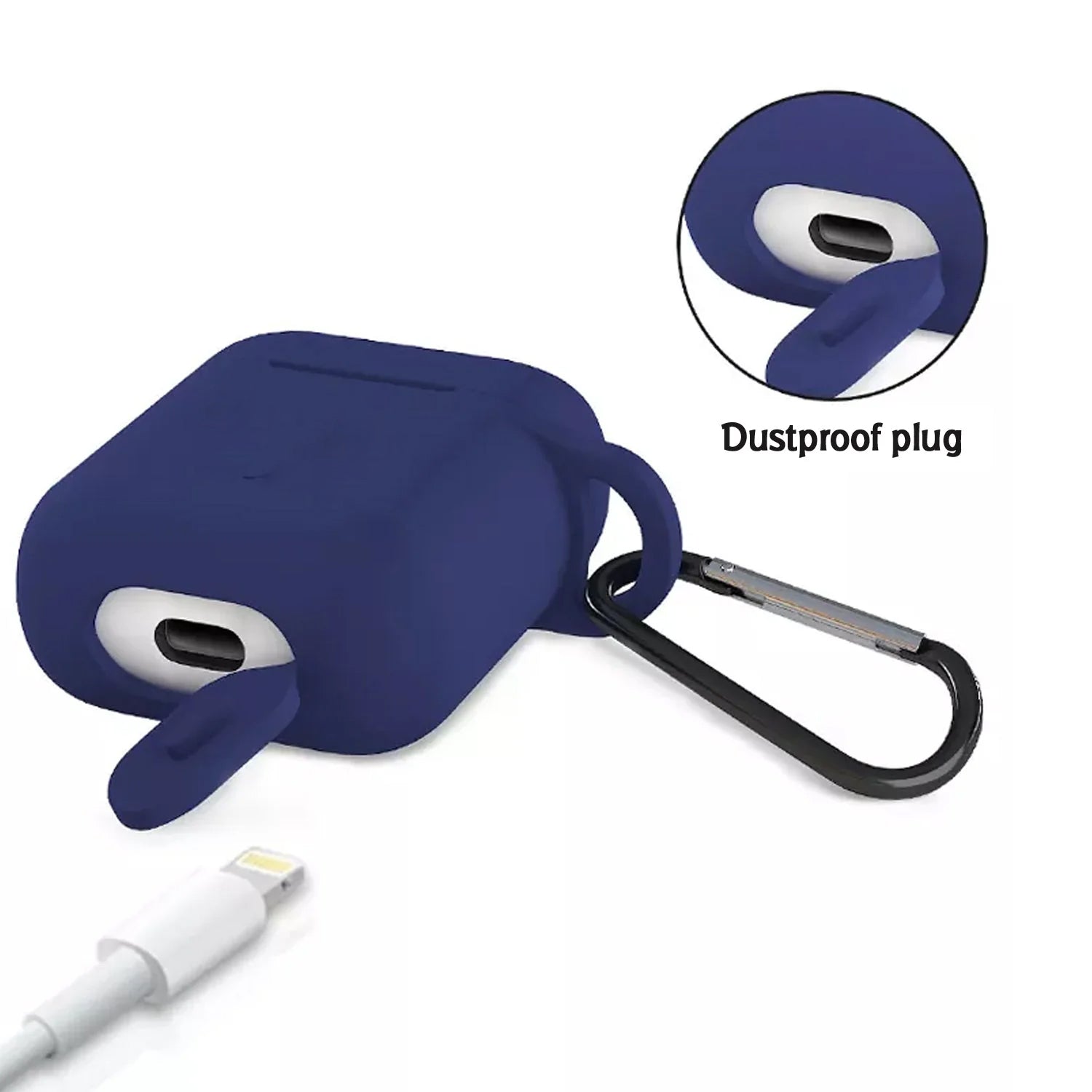 A navy blue silicone earbud case with a dustproof plug and carabiner is shown with a charging cable.