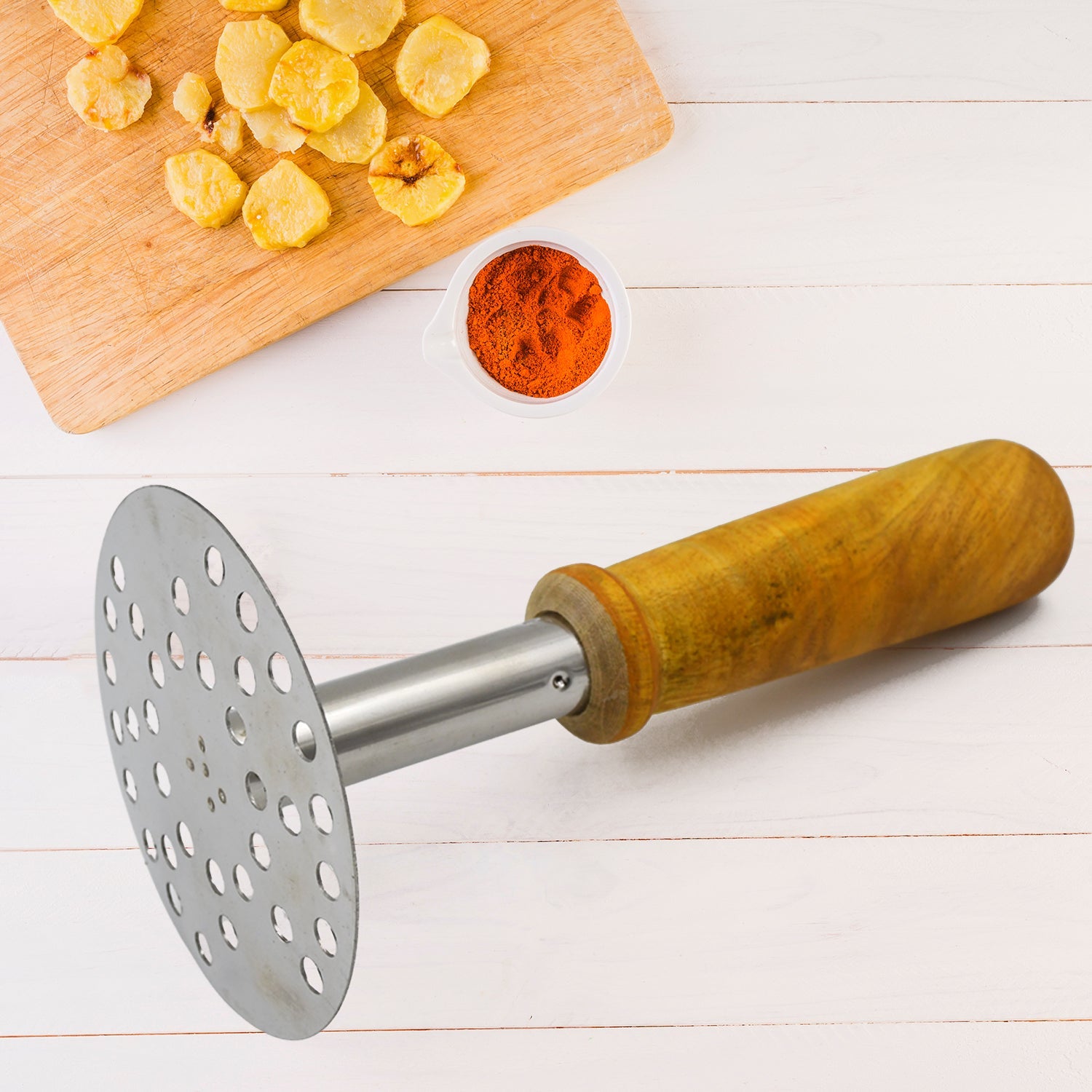 Stainless Steel Potato Masher – Wooden Handle, Durable | Quickslice