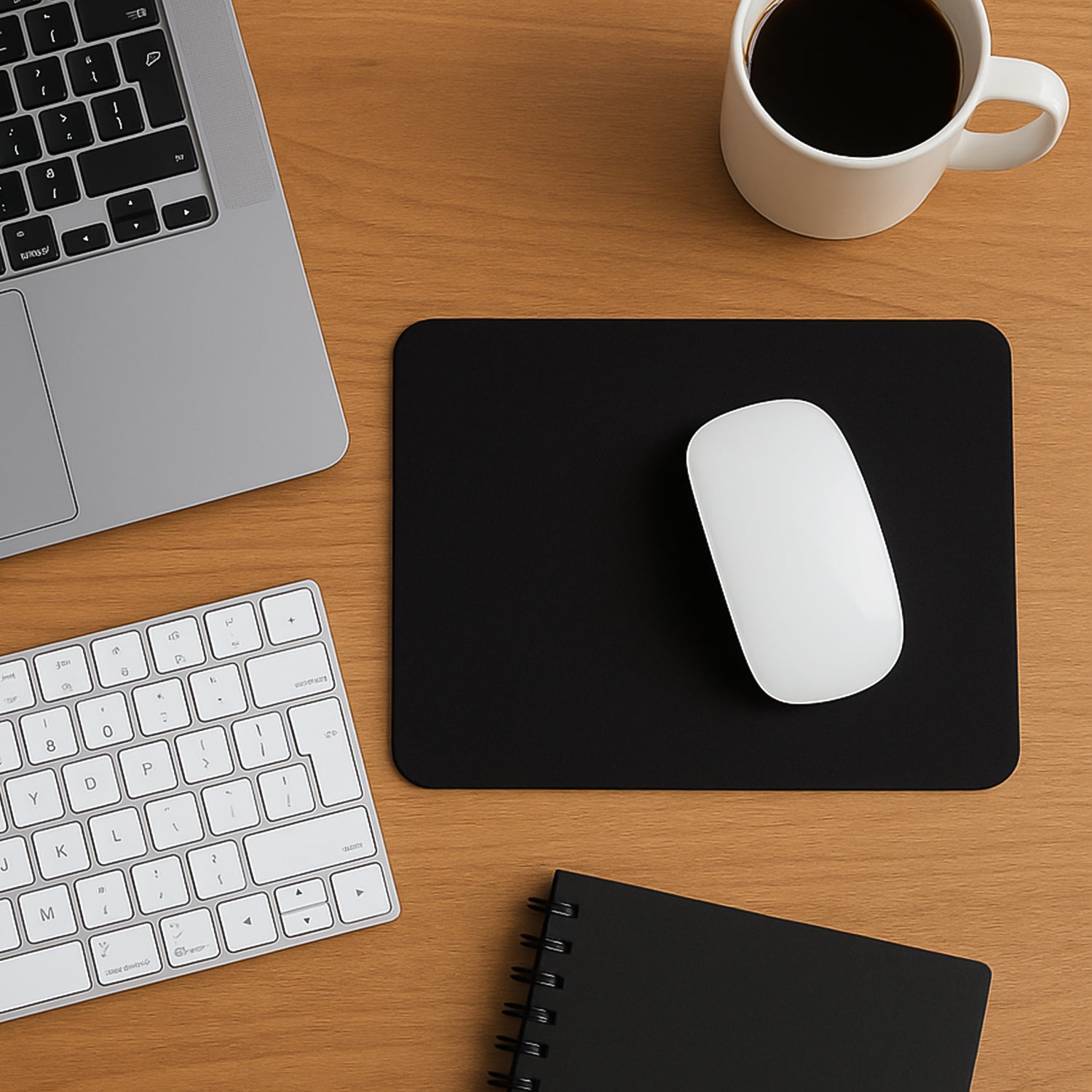 An overhead view of a black mouse pad with a white mouse, laptop, keyboard, coffee, and notebook.