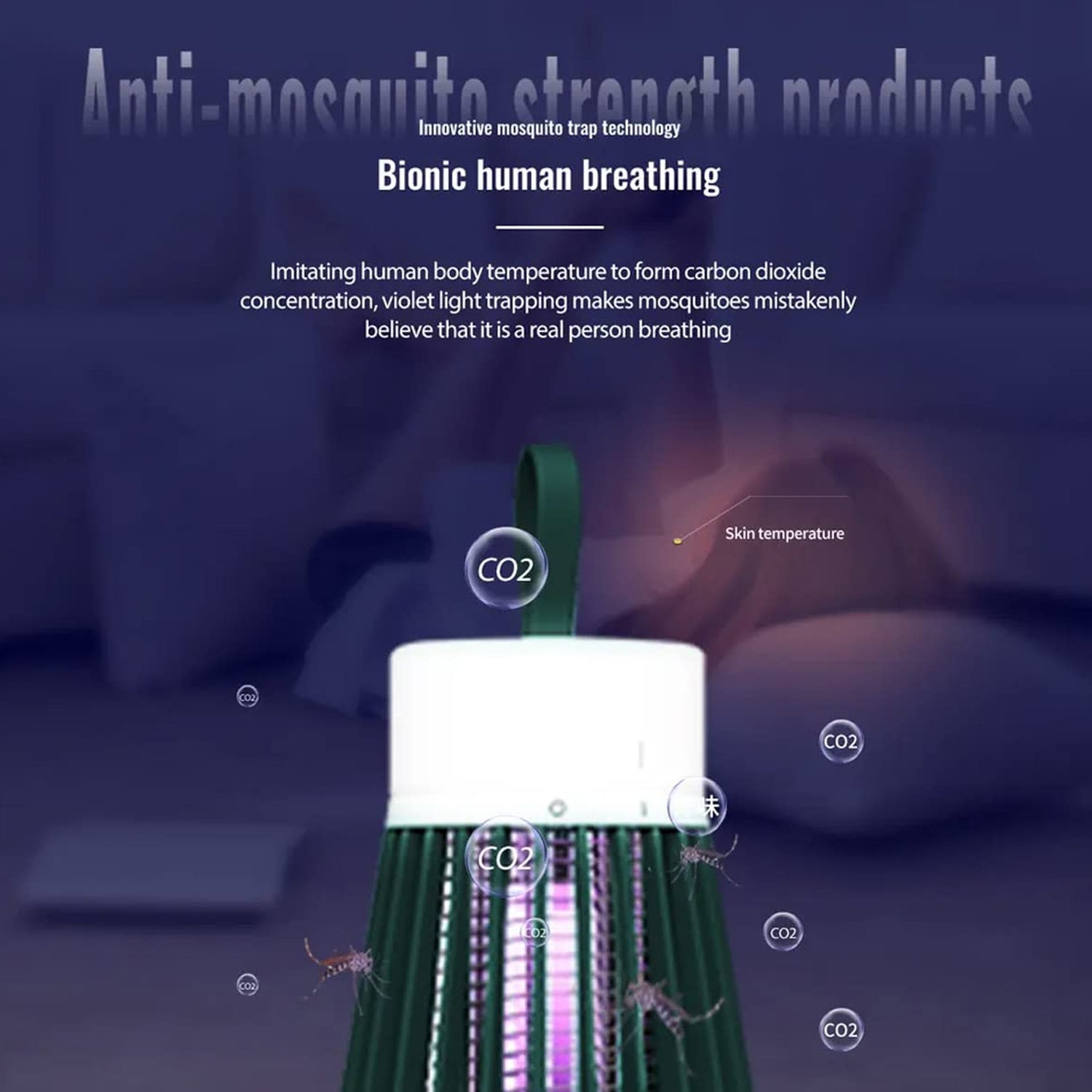 A green and white Mosquito Killer Lamp with a purple light is shown up close with text overlays about bionic breathing.