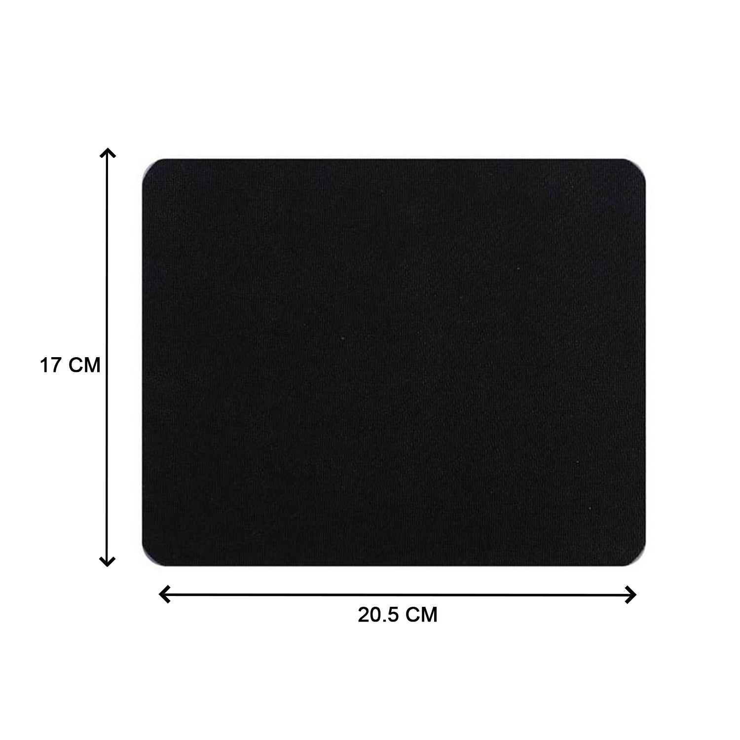 A black mouse pad with dimensions 17 cm by 20.5 cm indicated by arrows on a white background.