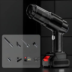 Black handheld vacuum cleaner with a clear dustbin, displayed with six different nozzle attachments and a battery pack on a