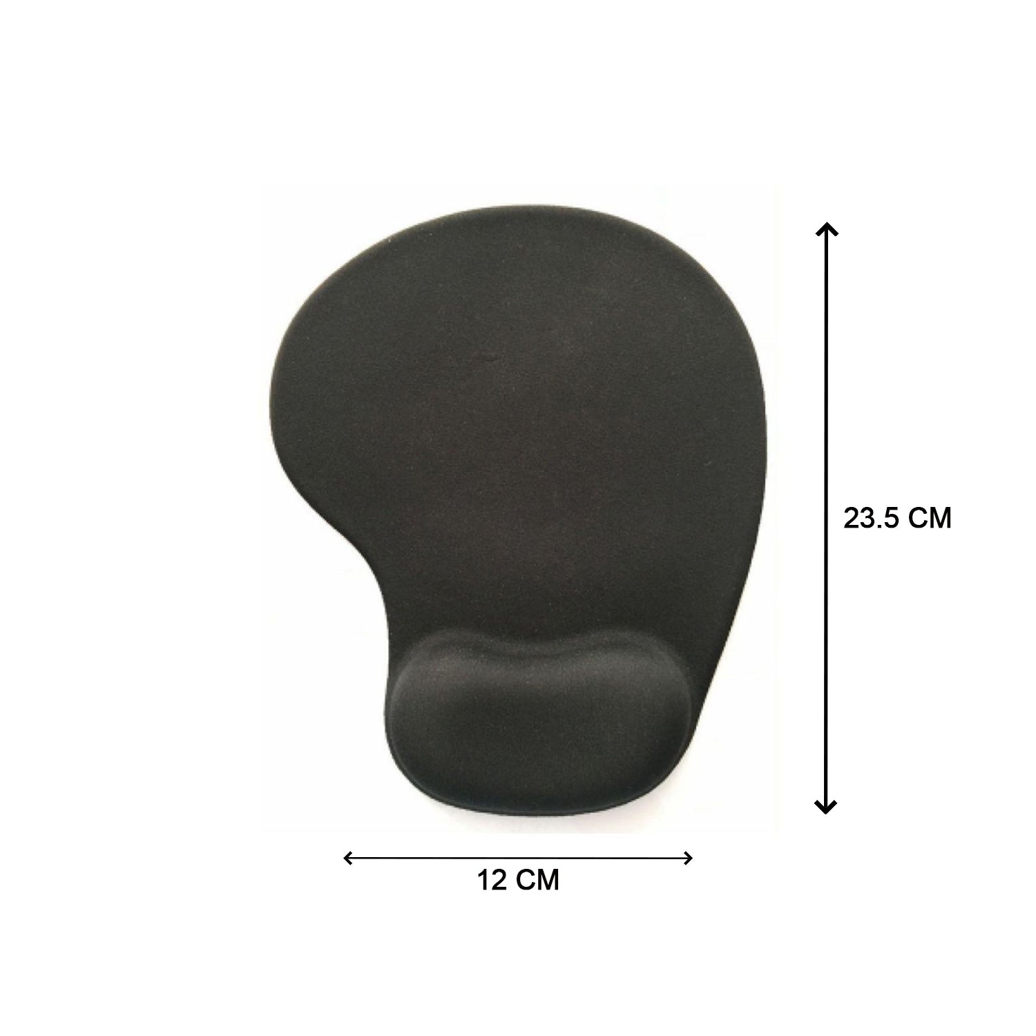 A black ergonomic mouse pad with wrist support, showing dimensions of 23.5 cm length and 12 cm width.