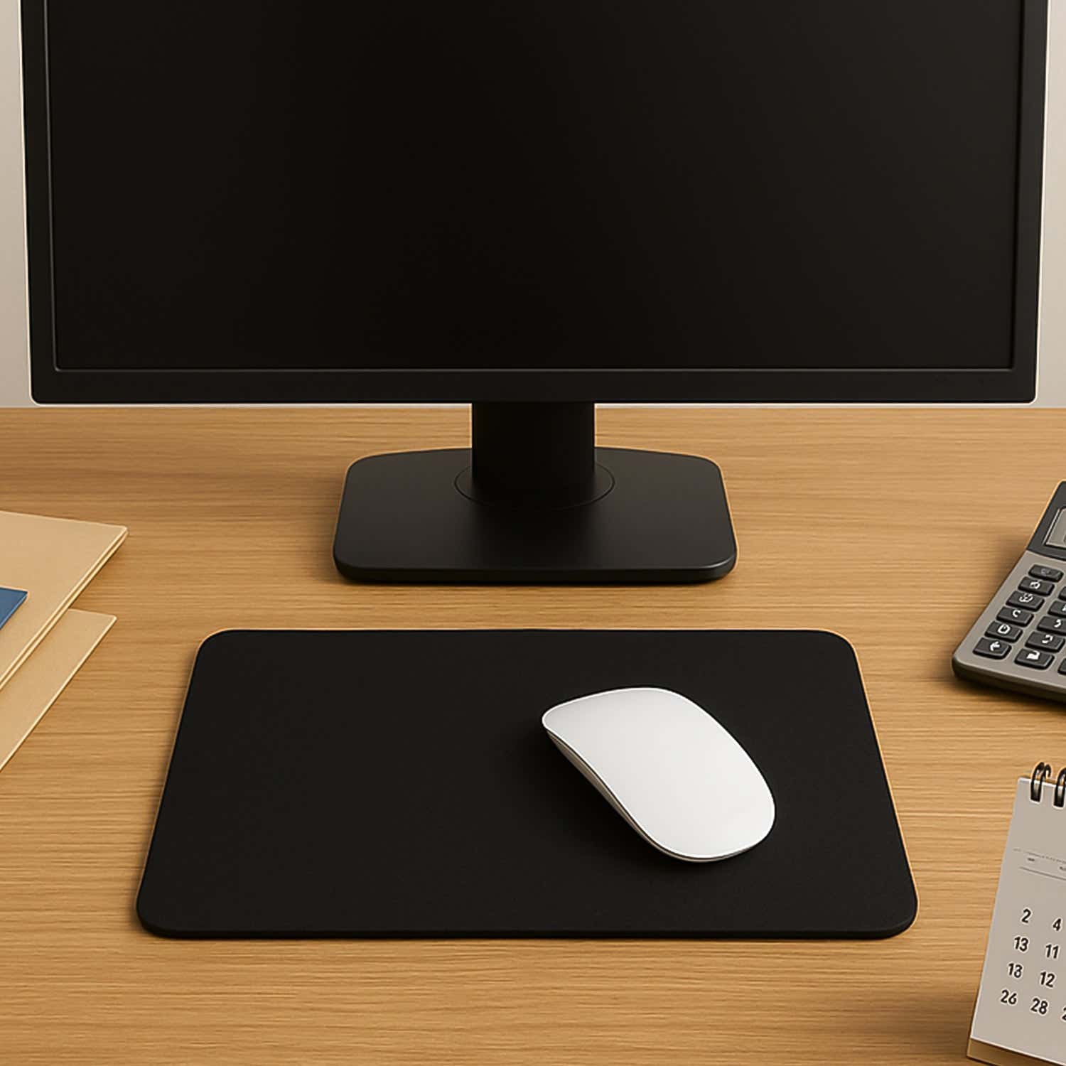 A black mouse pad with a white mouse on a wooden desk in front of a computer monitor.