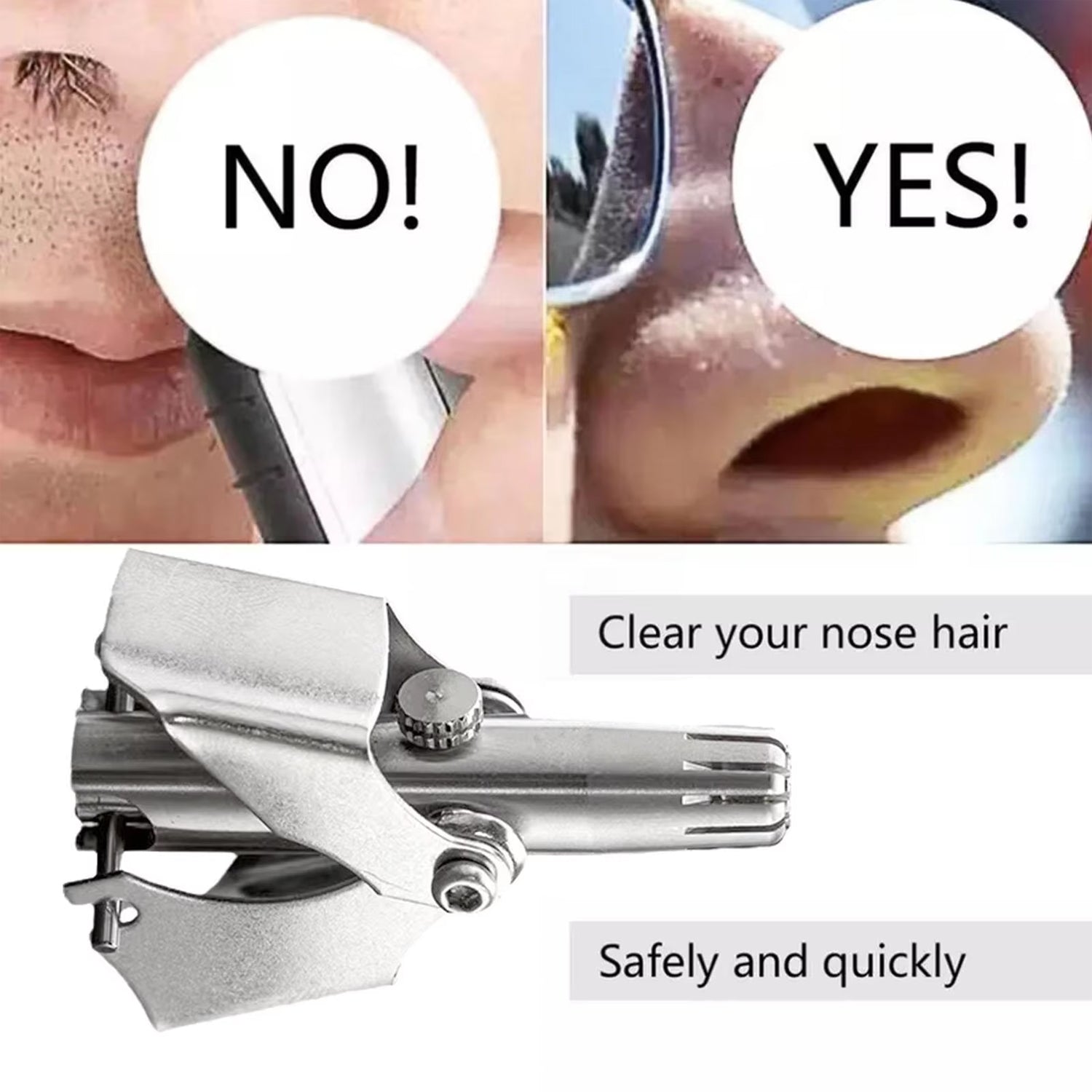 A split image shows incorrect and correct ways to use a nose hair trimmer, with the product below.