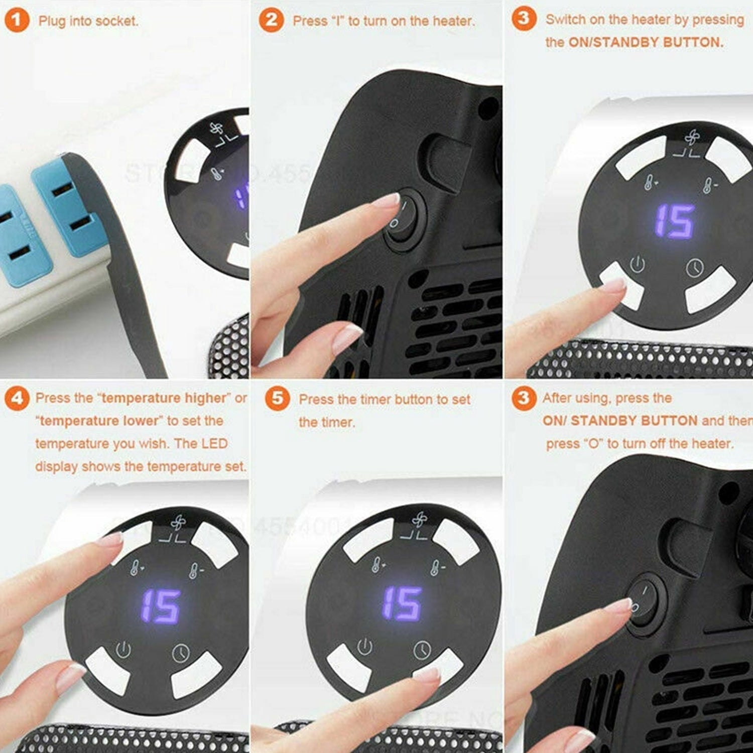 Six step-by-step instructions showing how to plug in, turn on, adjust, and turn off the wall heater.