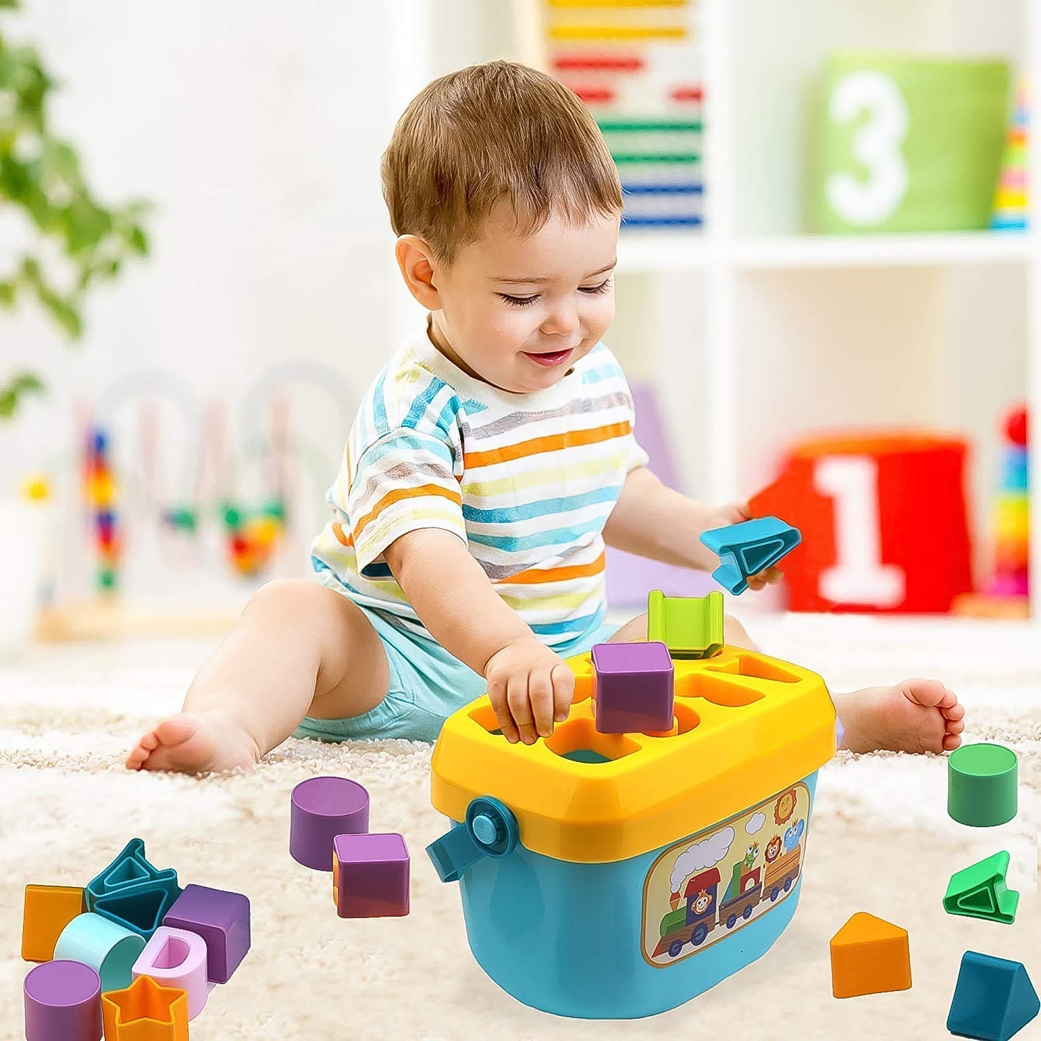 Baby Shape Sorter Toy with Geometric Stacking Blocks (16 Pc)