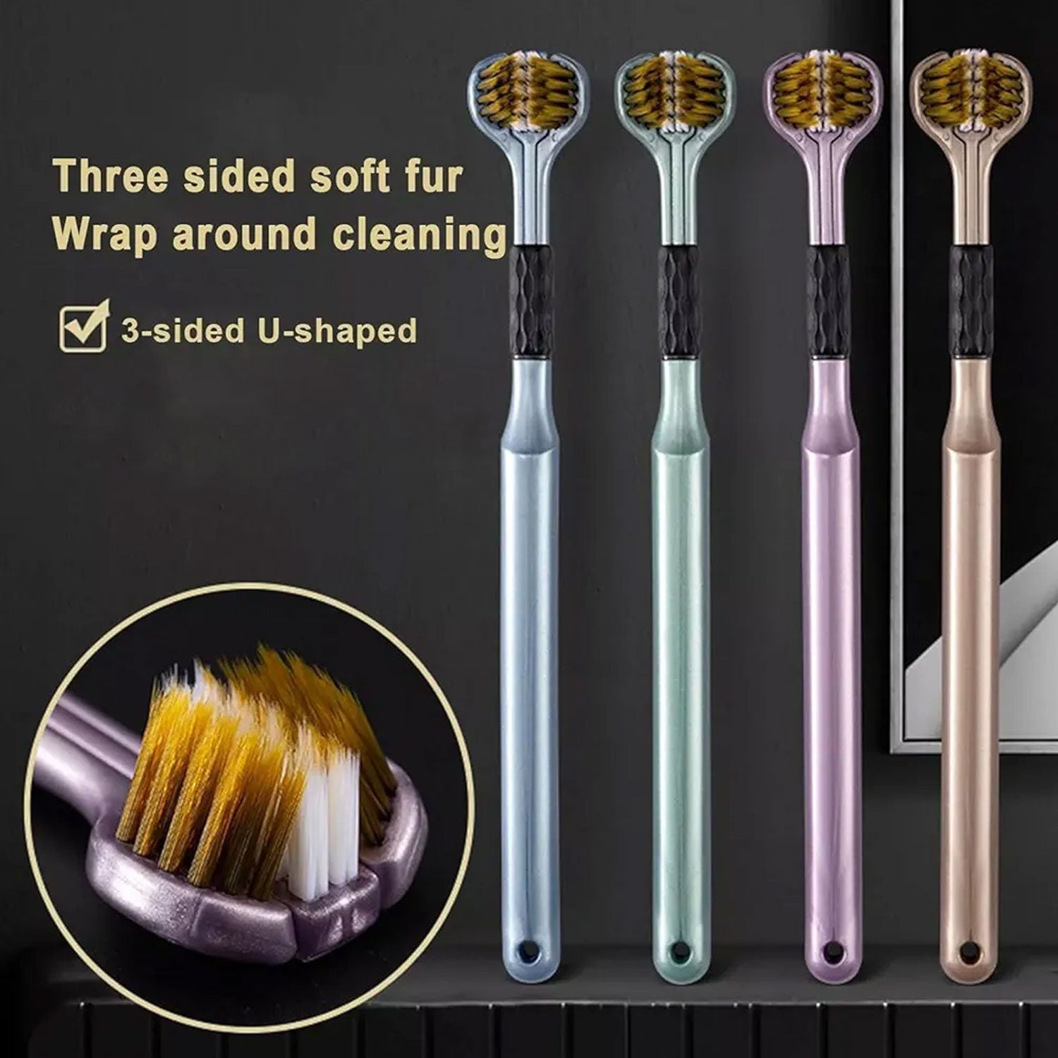Four three-sided toothbrushes in blue, mint, purple, and beige arranged vertically on a dark background.