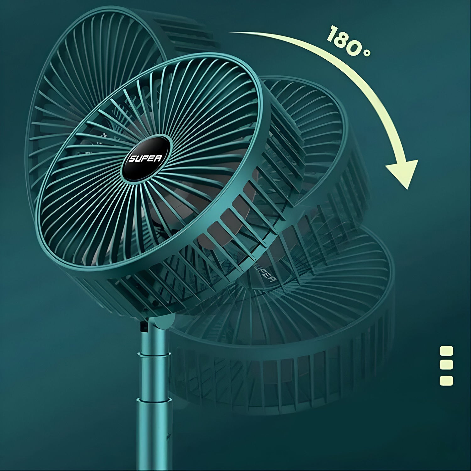 A teal portable fan is shown with an arrow indicating its 180-degree adjustable head on a dark teal background.