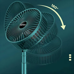 A teal portable fan is shown with an arrow indicating its 180-degree adjustable head on a dark teal background.