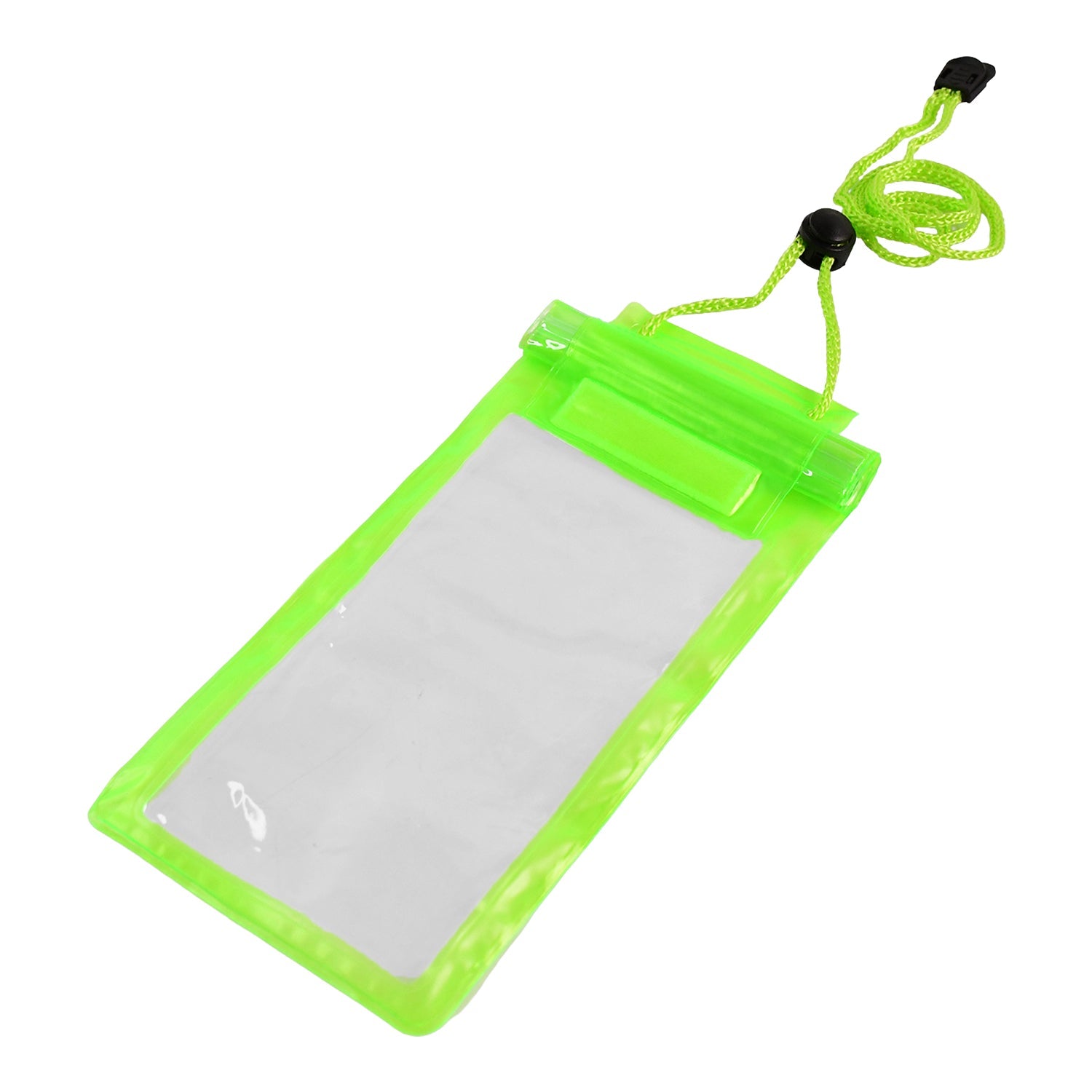 Neon green waterproof phone pouch with a clear front and black lanyard, displayed on a white background.