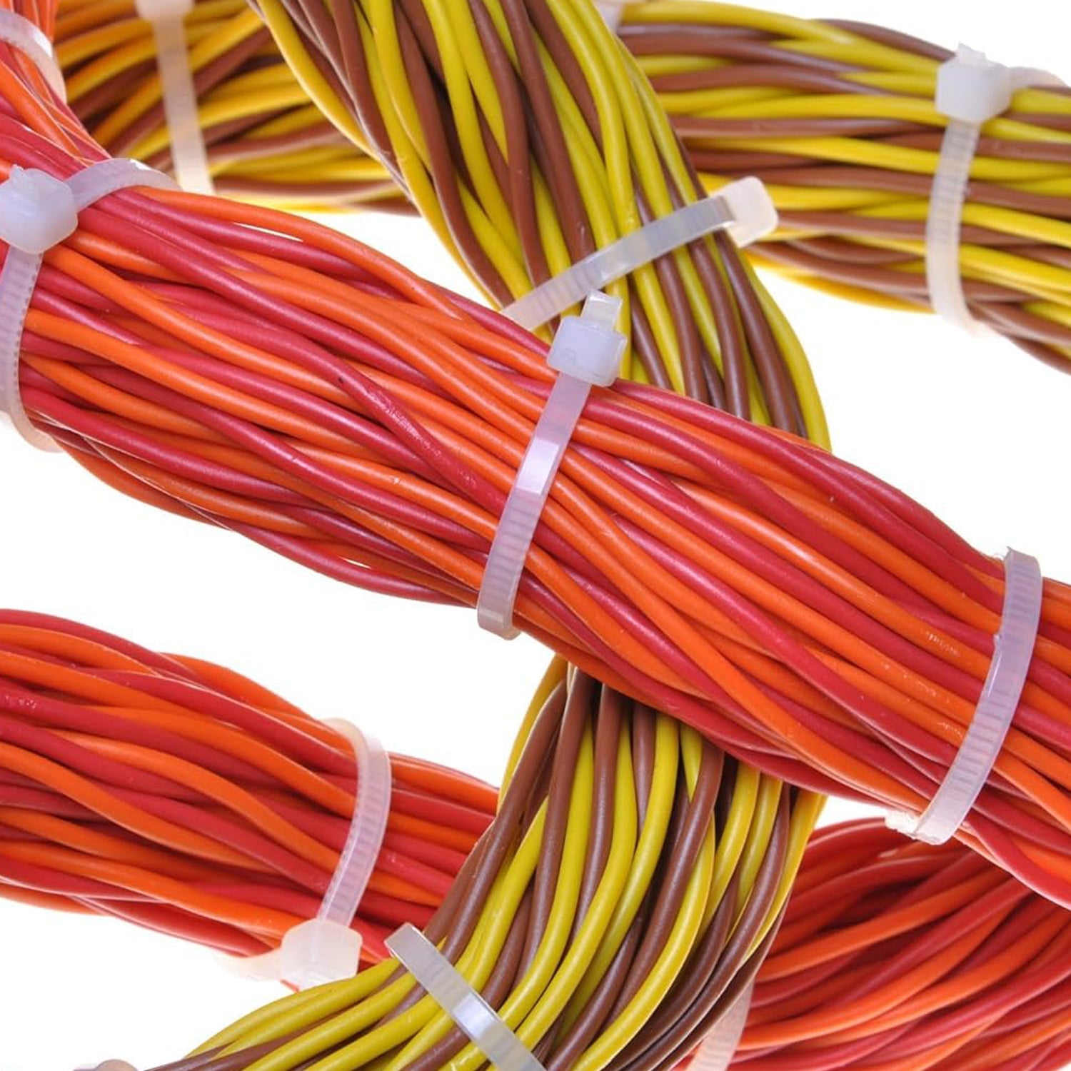 Bundles of red, orange, yellow, and brown electrical wires neatly secured with white nylon cable ties.