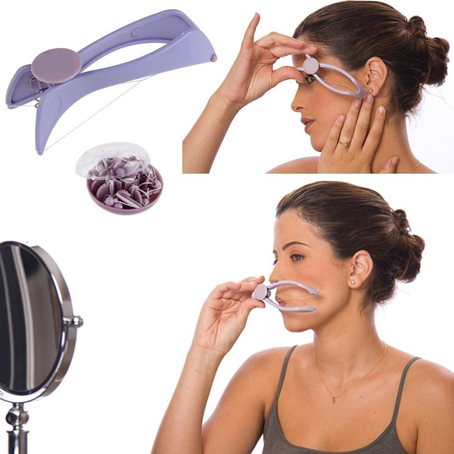 A purple hair threading tool with extra threads, and a woman using the tool on her upper lip and eyebrow.