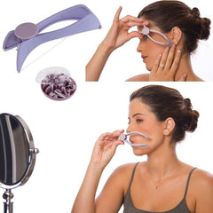 A purple hair threading tool with extra threads, and a woman using the tool on her upper lip and eyebrow.