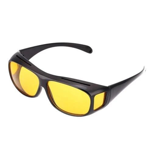 A single pair of black wrap-around glasses with yellow lenses, viewed from the front-right, on a white background.