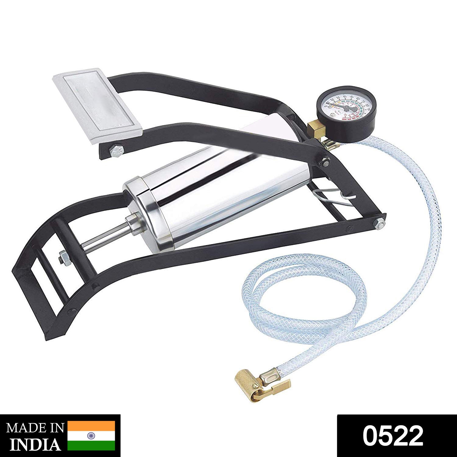 A black and silver foot pump with a pressure gauge and a clear hose is displayed on a white background.