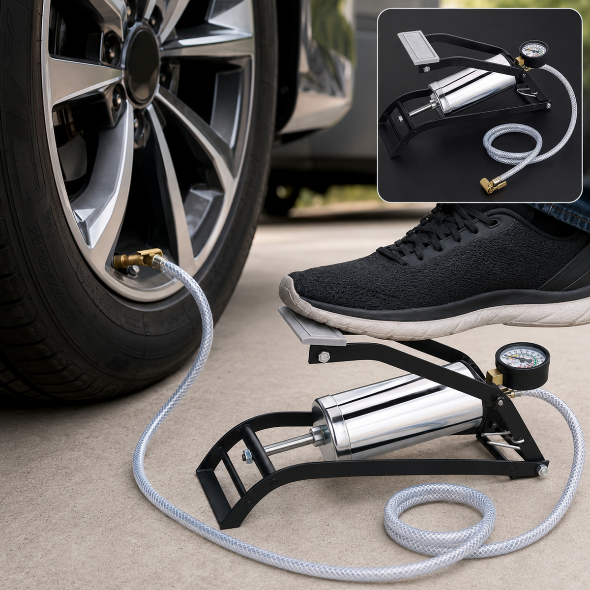 A person's foot is shown pressing down on a black and silver foot pump connected to a car tire.